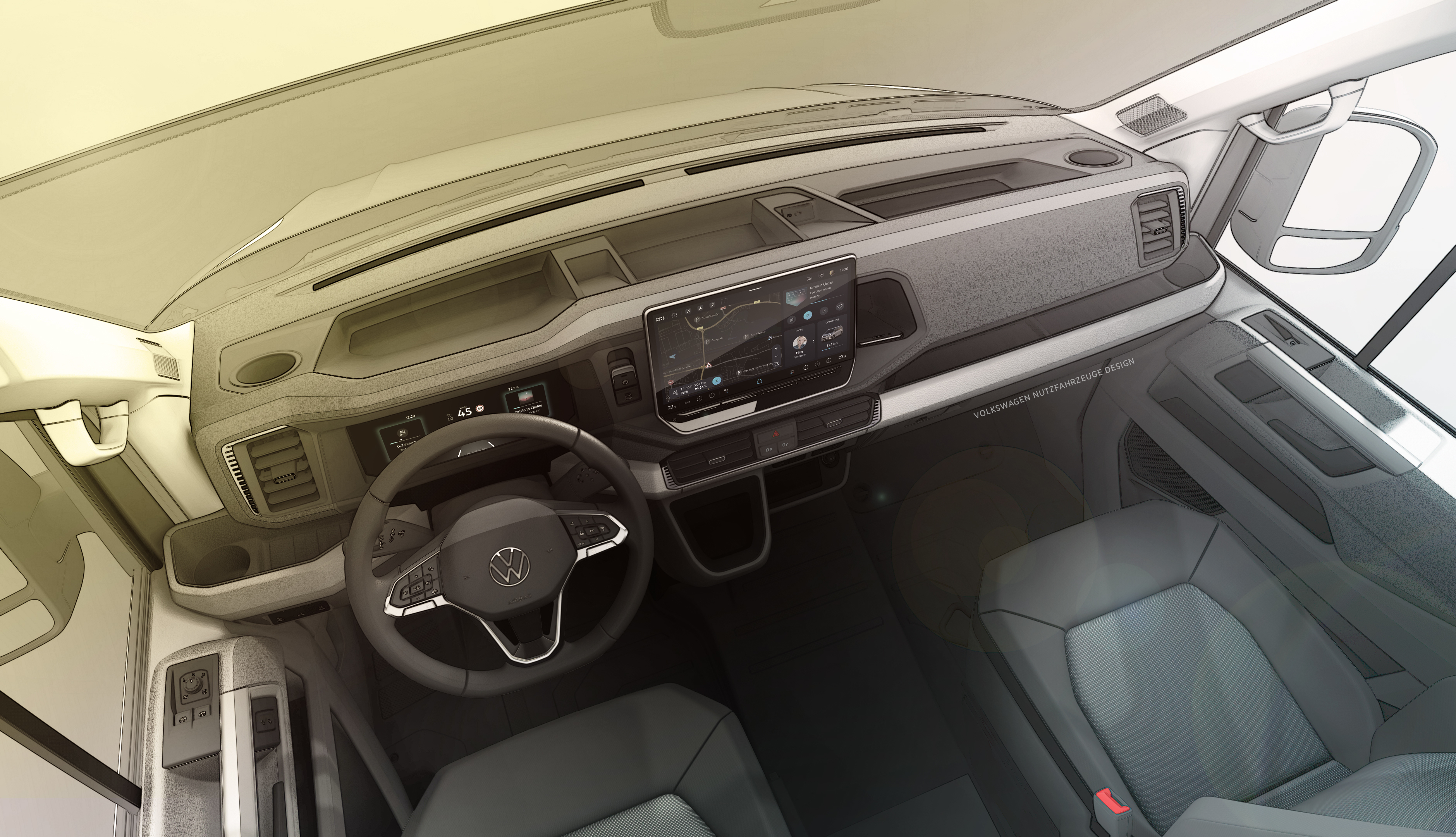 Skisse av interiøret i oppgraderte Volkswagen Crafter